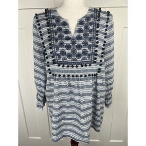 John Mark Embroidered Boho Blouse M Blue Stripe Pom Pom Trim Cotton Linen Top